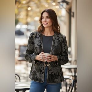 Vintage R & M Richards Woman’s Velvet Blazer with Gold & Silver Designs, Size 24